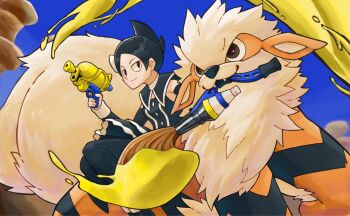 Rule 34 | 1girl, arcanine, black dress, black hair, blue sky, dress, fangs, gen 1 pokemon, gun, highres, holding, holding gun, holding weapon, inkbrush (splatoon), kenn pichi, marley (pokemon), mouth hold, nintendo, paint, pokemon, pokemon (creature), pokemon dppt, pokemon platinum, riding, riding pokemon, sky, splatoon (series), splattershot (splatoon), weapon