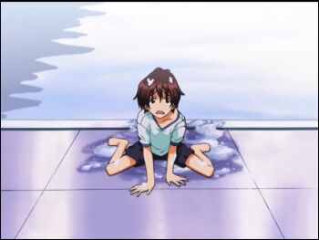 animated anime_screenshot ass banana bouncing_breasts breasts brown_hair eiken food fruit gigantic_breasts gym_shirt high_ponytail holding holding_food huge_ass huge_breasts long_hair long_sidelocks mifune_densuke misono_kirika ponytail pool purple_hair shirt sidelocks sound tagme thighs very_long_hair video wet white_shirt