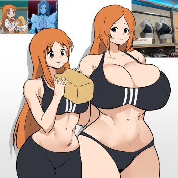 2023 alternate_eye_color bare_shoulders bleach bleach:_sennen_kessen-hen bread breasts cleavage cleavage_cutout closed_mouth clothing_cutout collarbone detached_sleeves eating food green_eyes highres inoue_orihime karakura_high_school_uniform large_breasts long_hair medium_breasts miruyuyo navel orange_hair photo-referenced photo_inset puffy_sleeves school_uniform sports_bra standing stomach