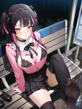 1girl arm_support belt belt_buckle bench black_belt black_bow black_bra black_choker black_hair black_nails black_ribbon black_shoes black_skirt blunt_bangs blunt_ends blunt_sidelocks blush bow bra bra_visible_through_clothes breasts buckle bus_stop buttons choker closed_mouth commentary_request feet feet_up frilled_shirt frills hair_intakes hair_ribbon heart heart_choker highres jirai_kei large_breasts legs loafers long_hair long_sleeves looking_at_viewer miniskirt multicolored_hair nail_polish night on_bench original pink_eyes pink_hair pink_shirt pink_streaks pleated_skirt puddle radoremo rain ribbon shirt shirt_tucked_in shoes sidelocks sitting skirt smile soles solo streaked_hair thighhighs thighs toe_seam toes tongue tongue_out two_side_up underwear unworn_shoes very_long_hair water wet wet_clothes wet_shirt white_thighhighs wooden_bench