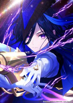 1girl absurdres aiming antique_firearm blue_hair clorinde_(genshin_impact) closed_mouth commentary_request firearm fold-over_gloves genshin_impact gun hair_between_eyes hat highres long_hair_between_eyes looking_at_viewer purple_eyes sakurada_nana solo tricorne weapon