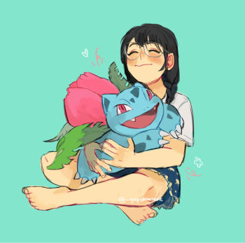 1girl artist_self-insert barefoot black_hair blush braid claws closed_eyes closed_mouth gen_1_pokemon glasses highres holding holding_pokemon hug ivysaur long_hair nintendo open_mouth pokemon pokemon_(creature) sharlene_yap shirt simple_background sitting skirt twitter_username white_shirt