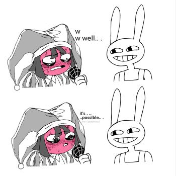 1boy 1girl blush comic english_text full-face_blush hat highres holding holding_microphone jax_(the_amazing_digital_circus) jester jester_cap jester_girl jester_outfit microphone overalls rabbit_boy rabbit_ears sweat the_amazing_digital_circus