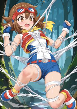 1girl belt belt_buckle blue_gloves blue_shorts blush bright_pupils brown_belt brown_eyes brown_hair buckle commentary_request commission day eyelashes fingerless_gloves forest gloves goggles goggles_on_head hands_up highres knees multicolored_shoes nature nintendo open_clothes open_mouth open_vest outdoors pixiv_commission pokemon pokemon_ranger:_guardian_signs pokemon_ranger_(series) red_vest restrained shimouki_izui shirt shoes shorts sidelocks silk sleeveless socks solo summer_(pokemon) teeth tree upper_teeth_only vest white_pupils yellow_socks