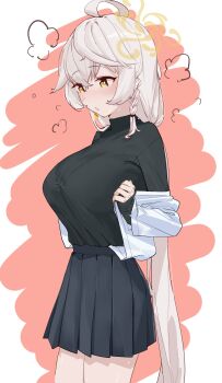 1girl absurdres ahoge black_scrunchie black_shirt black_skirt blue_archive blush braid breasts character_request grey_hair hair_between_eyes hair_ornament hair_scrunchie halo highres huge_breasts long_hair long_sleeves orange_halo parted_lips pleated_skirt scrunchie shirt shirt_tucked_in side_braid skirt sleeves_past_wrists solo steaming_body sweat takamaza turtleneck turtleneck_shirt undershirt very_long_hair white_shirt yellow_eyes