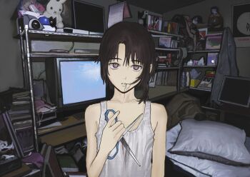 absurdly_detailed_composition asymmetrical_hair bare_shoulders bingi brown_eyes brown_hair computer cutting_hair cutting_own_hair dress hair_in_own_mouth highres holding holding_scissors indoors iwakura_lain loaded_interior looking_at_viewer messy_hair messy_room monitor scissors serial_experiments_lain short_hair single_sidelock sleeveless sleeveless_dress sundress wire