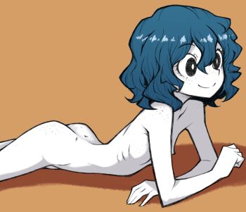 1girl akableak ass berserk blue_hair body_freckles breasts closed_mouth completely_nude freckles highres isma lying medium_hair nipples nude on_stomach ribs simple_background small_breasts smile solo