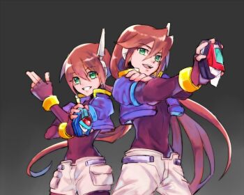 1boy 1girl aile_(mega_man_zx) artist_request biometal blue_jacket bodysuit bodysuit_under_clothes brown_hair cowboy_shot cropped_jacket green_eyes grey_background group_pose henshin_pose holding jacket long_hair mega_man_(series) mega_man_zx mega_man_zx_advent model_x_(mega_man) model_z_(mega_man) non-web_source pants parted_lips ponytail robot_ears short_hair shorts simple_background smile source_request teeth vent_(mega_man) white_pants white_shorts