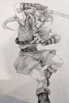 1boy 2019 absurdres ang3lteeth arm_up belt boots chest_strap clenched_hand closed_mouth collarbone commentary curtained_hair earrings english_commentary fingerless_gloves foot_out_of_frame gloves graphite_(medium) hat highres holding holding_sword holding_weapon jewelry link looking_at_viewer male_focus master_sword nintendo pants phrygian_cap pointy_ears popped_collar serious shirt short_hair solo spread_fingers standing standing_on_one_leg strap sword the_legend_of_zelda the_legend_of_zelda:_ocarina_of_time traditional_media tunic v-shaped_eyebrows weapon white_pants white_shirt