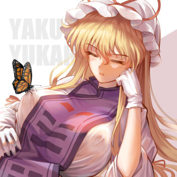 1girl absurdres blonde_hair breasts bug butterfly character_name closed_eyes commentary covered_erect_nipples dress edz_drawz english_commentary facing_viewer gloves hat hat_ribbon highres insect large_breasts long_hair long_sleeves mob_cap no_bra open_mouth orange_butterfly purple_tabard red_ribbon ribbon solo tabard touhou white_dress white_gloves white_hat yakumo_yukari