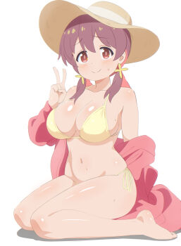 1girl barefoot bathrobe bikini blush breasts brown_hat cleavage collarbone feet flower hair_flower hair_ornament hat large_breasts long_sleeves looking_at_viewer low_twintails murosaki_miyo navel off-shoulder_robe onii-chan_wa_oshimai! open_clothes open_robe pink_robe red_eyes red_hair robe short_hair side-tie_bikini_bottom sitting smile solo sun_hat sweat swimsuit twintails v white_background yellow_bikini yellow_flower zorzero
