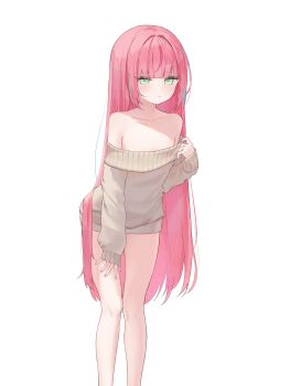 1girl bare_shoulders blunt_bangs blush brown_sweater closed_mouth feet_out_of_frame flat_chest green_eyes hanako_nana hand_on_own_thigh hand_up hashtag-only_commentary highres long_hair long_sleeves looking_at_viewer multicolored_hair no_bra no_pants off-shoulder_sweater off_shoulder pink_hair simple_background solo standing stellive straight_hair streaked_hair sweater syu_keru_cho very_long_hair virtual_youtuber white_background