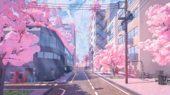 3d alley artist_name bicycle building car cherry_blossoms cloud cloudy_sky day highres justonil motor_vehicle no_humans original outdoors power_lines road sky stairs street taxi vending_machine