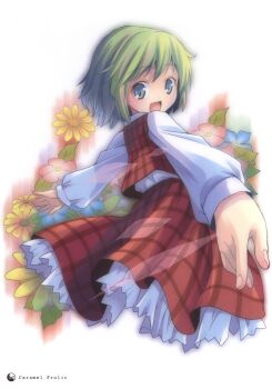1girl absurdres alternate_eye_color back blue_eyes female_focus flower green_hair highres kazami_yuuka long_sleeves looking_at_viewer looking_back open_mouth plaid_clothes plaid_skirt plaid_vest pop scan shirt short_hair simple_background skirt skirt_set smile solo touhou vest white_background