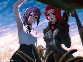 1boy 2girls avengers_(series) black_choker black_hair black_ribbon black_widow blush boku_no_hero_academia breasts chainsaw_man choker collared_shirt green_eyes hair_between_eyes hair_bun highres looking_at_viewer marvel marvel_rivals midoriya_izuku multiple_girls natasha_romanoff neck_ribbon opalis purple_hair reze_(chainsaw_man) ribbon shirt short_hair sleeveless sleeveless_shirt smile white_shirt