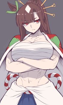 1girl abs akitsu_teio_(umamusume) animal_ears asymmetrical_bangs blue_hakama bow breasts brown_hair chest_sarashi closed_mouth commentary_request cowboy_shot crossed_arms ear_ribbon frown green_hakama grey_background hair_ornament hakama highres horse_ears horse_girl japanese_clothes kanzashi large_breasts looking_at_viewer multicolored_hair muscular muscular_female navel pataneet ponytail red_eyes rope sarashi shimenawa simple_background solo standing two-tone_hair umamusume umamusume:_cinderella_gray