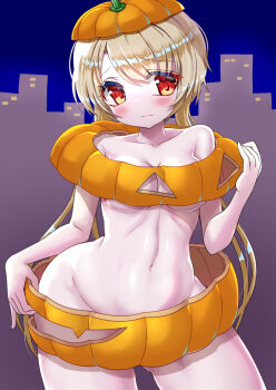 1girl azur_lane bare_shoulders blonde_hair blush breasts halloween highres juneau_(azur_lane) long_hair looking_at_viewer medium_breasts mndqn navel no_bra no_panties pear-shaped_figure red_eyes revealing_clothes shiny_skin short_hair_with_long_locks solo standing thighs wide_hips