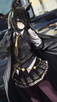 1girl :/ ahoge animal_ears belt black_belt black_choker black_coat black_gloves black_hair black_pantyhose black_skirt black_vest book-16key choker coat commentary_request concept_maihime_(idolmaster) ear_ornament ear_tag earrings gloves hair_between_eyes hand_up hem_peeking_out highres horse_ears horse_girl jewelry long_hair long_hair_between_eyes long_sleeves manhattan_cafe_(creeping_shadow)_(umamusume) manhattan_cafe_(umamusume) multicolored_hair necktie open_clothes open_coat pantyhose pleated_skirt removing_coat shirt single_earring skirt solo umamusume vest wet wet_clothes wet_hair white_hair white_shirt yellow_eyes yellow_necktie