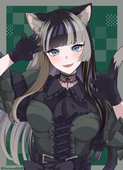 1girl animal_ear_fluff animal_ears artist_name ascot black_ascot black_dress black_gloves black_hair cat_ears cat_girl cat_tail choker commentary cross-laced_clothes cross-laced_dress dress fangs gloves gothic_lolita green_background green_dress grey_eyes highres hololive hololive_dev_is juufuutei_raden juufuutei_raden_(1st_costume) lace lace_choker lionmaru0808 lolita_fashion long_hair looking_at_viewer multicolored_hair open_mouth solo tail two-tone_dress two-tone_hair virtual_youtuber white_hair