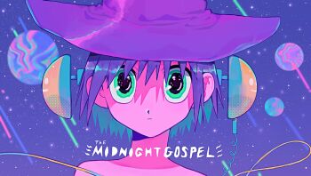 Rule 34 | 1boy, antique phone, clancy gilroy, closed mouth, colored skin, copyright name, green eyes, hashtag-only commentary, hat, highres, looking at viewer, male focus, neg 50asu, pink skin, planet, portrait, purple hair, short hair, solo, star (sky), the midnight gospel, upper body, wavy eyes, witch hat