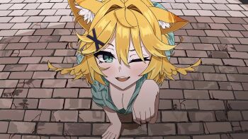 1girl ;3 animal_ear_fluff animal_ears animated black_nails blonde_hair breasts cat_ears cat_girl cleavage dokibird dokibird_(bounty_hunter) fang fingernails green_shirt hair_between_eyes hair_intakes hair_ornament highres indie_virtual_youtuber looking_at_viewer mont_pha one_eye_closed open_mouth parody paw_pose shirt short_hair solo soul_eater spiked_hair striped_clothes striped_shirt tagme teeth through_wall upper_teeth_only video virtual_youtuber x_hair_ornament