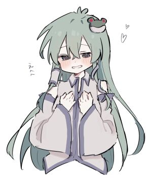 1girl antenna_hair bare_shoulders blush collared_shirt crossed_bangs detached_sleeves dot_nose double-parted_bangs frog_hair_ornament green_eyes green_hair hair_ornament hair_tubes hands_on_own_chest heart highres kochiya_sanae long_hair long_sleeves looking_down maruten_moko open_mouth shirt simple_background single_hair_tube sleeveless sleeveless_shirt snake_hair_ornament solo teeth touhou upper_body white_background wide_sleeves wing_collar