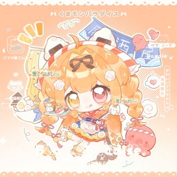 Rule 34 | 1girl, :3, :q, black ribbon, blue sash, blunt bangs, blush, braid, chibi, chibi only, closed mouth, food, full body, gradient background, hair intakes, hair ribbon, hat, heart, heterochromia, highres, japanese clothes, kimono, long hair, long sleeves, mihuashi 599436, obi, octopus, onigiri, orange background, orange hair, orange kimono, original, outline, red eyes, red hat, ribbon, sample watermark, sash, shoes, socks, solo, spoken heart, standing, standing on one leg, striped clothes, striped headwear, tongue, tongue out, twin braids, v-shaped eyebrows, watermark, white background, white outline, white shoes, wide sleeves, yellow eyes, yellow socks