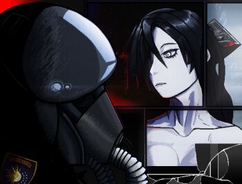 1boy 1girl :&lt; aircraft airplane b-2_spirit black_hair bomber breasts cleavage colored_skin commentary crescent dithering english_commentary hair_over_one_eye helmet highres jet_bomber long_hair looking_at_another military military_vehicle neronapalm oxygen_mask parted_lips peripeteia personification pilot pilot_helmet pixel_art serious sidelighting star_(symbol) sun_symbol vehicle_and_personification white_skin