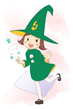 1girl black_eyes black_shoes blush blush_stickers brown_hair dress flower green_dress green_flower green_hat hat highres long_sleeves looking_at_viewer magic mary_janes open_mouth pantyhose pink_background pom_pom_(clothes) shoes short_hair smile standing standing_on_one_leg surutto-chan surutto_kansai white_pantyhose witch witch_hat yamanokonza