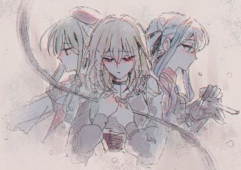 Rule 34 | 3girls, bang dream!, bang dream! it's mygo!!!!!, beret, black gloves, blonde hair, blue hair, blush, brown corset, clothing cutout, commentary, corset, doloris (bang dream!), gloves, green hair, hat, long hair, long sleeves, maybecrosswise, medium hair, misumi uika, mortis (bang dream!), mortis (costume) (bang dream!), multiple girls, oblivionis (bang dream!), purple eyes, red hat, see-through clothes, see-through sleeves, shoulder cutout, sidelocks, togawa sakiko, wakaba mutsumi, yellow eyes