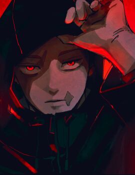 Rule 34 | 1boy, 28cg, adjusting hood, black jacket, highres, hood, hood up, hooded jacket, itadori yuji, jacket, jujutsu kaisen, looking at viewer, male focus, red background, red eyes, scar, scar on face, scar on mouth, solo
