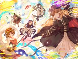 5girls :d ;d anchor animal_ears animal_print black_boots black_dress black_hair black_shoes black_skirt black_socks blonde_hair blue_dress boots brown_hair buddhist_nun capelet closed_mouth dress gradient_hair green_eyes grey_capelet grey_hair hands_up hashtag-only_commentary highres hijiri_byakuren holding holding_polearm holding_weapon hood hood_up hoop kumoi_ichirin layered_dress long_hair long_sleeves mitsusame mouse_ears mouse_girl mouse_tail multicolored_hair multiple_girls murasa_minamitsu nazrin neckerchief one_eye_closed open_mouth parted_bangs polearm print_dress purple_hair red_dress red_eyes red_neckerchief runes shawl shirt shoes short_hair short_sleeves shorts skirt smile socks spear tail tiger_print toramaru_shou touhou ufo undefined_fantastic_object weapon white_dress white_shawl white_shirt white_shorts white_socks yellow_eyes