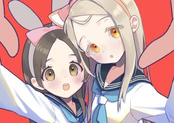 Rule 34 | 2girls, :o, animal ear hairband, animal ears, black sailor collar, blonde hair, blue neckerchief, bow, breasts, brown eyes, brown hair, cat ear hairband, cat ears, collarbone, colored eyelashes, commentary request, fake animal ears, gakuen idolmaster, hairband, hand up, hatsuboshi gakuen school uniform, head tilt, highres, idolmaster, kuramoto china, lily-an, long hair, long sleeves, looking at viewer, multiple girls, neckerchief, open mouth, orange eyes, parted bangs, pink bow, rabbit ear hairband, rabbit ears, reaching, reaching towards viewer, red background, sailor collar, sailor shirt, school uniform, shinosawa hiro, shirt, simple background, small breasts, upper body
