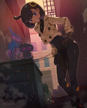 1girl 2others absurdres alley black_bodysuit black_hair blue_eyes blush bodysuit bodysuit_under_clothes brick_wall brown_jacket city commentary_request crossed_ankles curvy dark-skinned_female dark_skin emma_(pokemon) espurr gen_5_pokemon gen_6_pokemon graffiti grin hair_ornament hand_on_own_hip highres hsin jacket leaning_forward long_sleeves looking_at_viewer multiple_others nintendo outdoors pokemon pokemon_(creature) pokemon_legends:_z-a power_lines purple_eyes road shiny_clothes short_hair skin_tight smile standing steam street trash_can trubbish twitter_username wide_hips