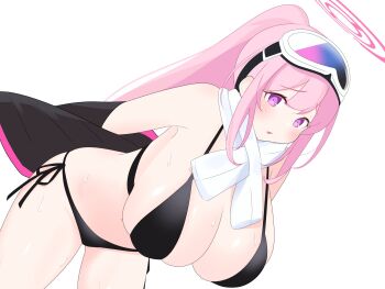 Rule 34 | 1girl, bikini, black bikini, black shirt, blue archive, blush, breasts, cleavage, dutch angle, eimi (blue archive), eimi (swimsuit) (blue archive), goggles, goggles on head, halo, huge breasts, leaning forward, long hair, lovekaosu, off-shoulder shirt, off shoulder, open clothes, open shirt, pink hair, ponytail, purple eyes, scarf, shirt, side-tie bikini bottom, ski goggles, solo, standing, sweat, swimsuit, white background, white scarf