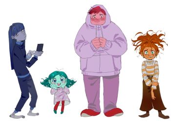 1boy 3girls anxiety_(inside_out_2) aqua_eyes belt blue_eyes blue_hair blue_nails blue_pants blue_skin blue_sweater blunt_bangs blush boots brown_belt brown_boots brown_pants cellphone closed_mouth collared_shirt colored_skin commentary disney earclip embarrassment_(inside_out) english_commentary ennui_(inside_out_2) envy_(inside_out_2) fingernails freckles from_side full_body green_shoes grey_skin grey_socks hair_ornament hairclip half-closed_eyes hands_on_own_face hands_up high_ponytail holding hand_on_own_arm holding_phone hood hoodie inside_out inside_out_2 kugai697139 long_hair long_sleeves looking_at_viewer medium_hair messy_hair multiple_girls nail_polish no_shoes open_mouth orange_hair orange_skin pants phone pink_eyes pink_hair pink_skin pixar pocket pointing polka_dot polka_dot_shirt ponytail puffy_long_sleeves puffy_sleeves purple_hoodie purple_pants purple_shirt red_pants red_shoes shirt shoes short_hair simple_background smartphone smile socks standing striped_clothes striped_sweater sweatdrop sweater teeth turtleneck turtleneck_sweater white_background white_sweater