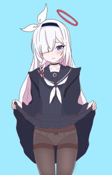 1girl 3: absurdres black_choker black_hairband black_panties black_pantyhose black_sailor_collar black_serafuku black_shirt black_skirt blue_archive blue_background blush choker closed_mouth clothes_lift commentary_request eggplant7217 feet_out_of_frame grey_eyes hair_over_one_eye hair_ribbon hairband halo headband highres lifting_own_clothes long_sleeves looking_at_viewer neckerchief one_eye_covered panties panties_under_pantyhose pantyhose partial_commentary plana_(blue_archive) ribbon sailor_collar school_uniform serafuku shirt simple_background skirt skirt_lift slit_pupils solo straight-on thighband_pantyhose underwear white_hair white_neckerchief