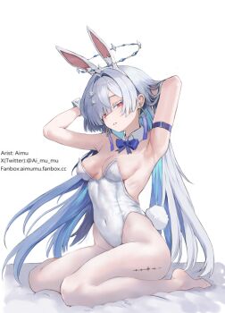 1girl aimu_(angry9565) alternate_costume animal_ear_hairband animal_ears arm_support armpits arms_up artist_name bare_shoulders barefoot blue_bow blue_bowtie bow bowtie breasts colored_eyelashes commentary covered_navel earrings fake_animal_ears fake_tail grey_hair hair_intakes hairband halo highleg highleg_leotard highres jewelry leotard long_hair looking_at_viewer medium_breasts mornye_(wuthering_waves) pantyhose parted_lips rabbit_ear_hairband rabbit_ears rabbit_tail red_eyes simple_background sitting solo strapless strapless_leotard tacet_mark_(wuthering_waves) tail triangle_earrings wariza white_background white_pantyhose wuthering_waves