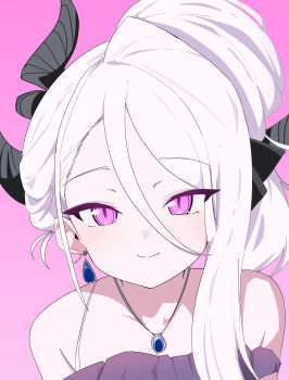 1girl absurdres blue_archive demon_girl demon_horns dress earrings highres hina_(blue_archive) hina_(dress)_(blue_archive) horns j_h_07 jewelry long_hair looking_at_viewer necklace off_shoulder pendant purple_dress purple_eyes solo white_hair