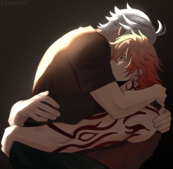 Rule 34 | 2boys, antenna hair, arm tattoo, black shirt, blazingstrife, blonde hair, braid, commentary, earrings, english commentary, gold earrings, gradient hair, highres, honkai: star rail, honkai (series), hug, jewelry, male focus, medium hair, multicolored hair, multiple boys, mydei (honkai: star rail), neck tattoo, phainon (honkai: star rail), red hair, red tank top, red tattoo, shirt, short hair, short sleeves, side braid, tank top, tattoo, white hair, yaoi, yellow eyes