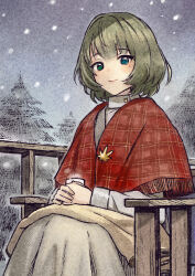 Rule 34 | 1girl, blanket, blush, breasts, conifer, cup, green hair, grey skirt, highres, holding, holding cup, idolmaster, idolmaster cinderella girls, light smile, looking at viewer, mole, mole under eye, oumi mizu, outdoors, railing, red scarf, scarf, shirt, sitting, skirt, snowing, solo, steam, takagaki kaede, white shirt, wooden railing