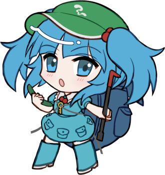 1girl :o backpack bag blue_boots blue_dress blue_eyes blue_hair blunt_bangs blush boots chibi chibi_only crowbar cucumber dress flat_cap food full_body grass green_bag green_hat hair_bobbles hair_ornament hat holding holding_crowbar holding_food jewelry kawashiro_nitori key key_necklace long_sleeves looking_at_viewer mirei_(miirei) necklace open_mouth plant pocket rubber_boots short_hair simple_background solo standing touhou transparent_background two_side_up