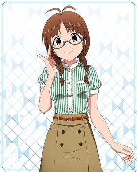 Rule 34 | 10s, 1girl, akizuki ritsuko, antenna hair, artist request, belt, braid, breasts, brown eyes, brown hair, closed mouth, female focus, glasses, idolmaster, idolmaster (classic), idolmaster million live!, idolmaster million live! theater days, long hair, looking at viewer, official art, pinstripe pattern, puffy short sleeves, puffy sleeves, short sleeves, skirt, smile, solo, striped, twin braids