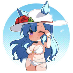 Rule 34 | 1girl, animal ears, arm up, bare shoulders, bikini, blue hair, blush, bracelet, breasts, chibi, closed mouth, commentary, cropped legs, ears through headwear, flower, hat, hat flower, hibiscus, highres, horse ears, horse girl, horse tail, jewelry, large breasts, light smile, long hair, looking at viewer, mejiro ardan (umamusume), navel, no nose, o-ring, o-ring bikini, o-ring top, one eye closed, purple eyes, red flower, solo, sun hat, swimsuit, tail, thighs, umamusume, underboob, very long hair, warashi, white bikini, white hat