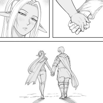 Rule 34 | 1boy, 1girl, absurdres, ass, bb (baalbuddy), blush, brother and sister, brother and step-sister, cape, close-up, dark-skinned female, dark elf, dark skin, elf, highres, holding hands, hood, hood down, hooded cape, left-to-right manga, long hair, original, paladin, pants, pointy ears, ponytail, siblings, step-brother and step-sister, step-siblings, willford diccard, zana (dark elf stepsister)