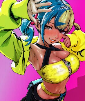 1girl absurdres alternate_breast_size_(larger) aqua_hair bandeau belt black_pants blonde_hair blue_pants breasts canari_(pokemon) center-flap_bangs cleavage criss-cross_halter criss-cross_straps crop_top cropped_jacket halterneck highres jacket large_breasts looking_at_viewer mega_ring mega_stone midriff multicolored_hair navel nintendo no_mask oeilvert_fft pants pink_background pokemon pokemon_legends:_z-a shoes short_twintails sidelocks simple_background solo split-color_clothes split-color_hair stomach twintails two-tone_hair two-tone_pants watermark yellow_bandeau yellow_jacket