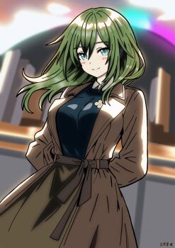 1girl arms_behind_back blue_eyes blurry blurry_background blush breasts brown_coat brown_skirt closed_mouth coat collared_shirt commentary commentary_request cowboy_shot english_commentary floral_print green_hair green_shirt hair_between_eyes hibarakirari highres hollow_(zenless_zone_zero) large_breasts long_hair long_skirt looking_at_viewer mixed-language_commentary outdoors railing shirt skirt smile solo venus_(zenless_zone_zero) zenless_zone_zero