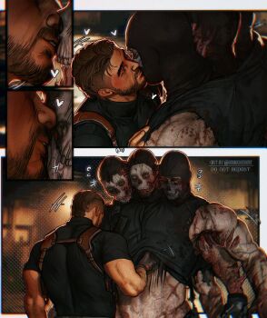 2boys bara black_hair black_shirt call_of_duty call_of_duty:_modern_warfare_2 clothes_lift facial_hair ghost_(modern_warfare_2) highres holster kiss kissing_cheek large_pectorals male_focus mask multiple_boys muscular muscular_male pectorals shirt short_hair shoulder_holster skull_mask soap_(modern_warfare_2) twitter_username umikochannart yaoi