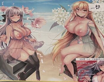 2girls black_thighhighs blonde_hair bra bra_pull braid breasts breasts_out cleavage clothes_pull elf female_focus flower high_heels large_breasts lingerie long_hair melonbooks multiple_girls negligee ninoko nipples original panties pointy_ears sakurase_shino_(ninoko) see-through_clothes side-tie_panties stairs sylpha_(ninoko) thighhighs underwear white_hair white_panties