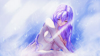1girl absurdres breasts cantarella_(wuthering_waves) closed_eyes commentary completely_nude convenient_arm facial_mark facing_to_the_side facing_viewer hair_between_eyes highres large_breasts long_hair mark_under_eye nude parted_lips purple_hair roseidon showering sitting solo symbol-only_commentary very_long_hair wet wuthering_waves
